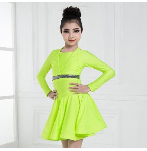 Girl's latin dress neon green white children ballroom salsa chacha performance competition dance dress