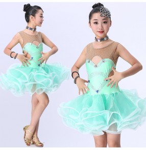  Girl's latin dress Robes latines de la fille for kids children mint diamond competition dresses Vestito latino per bambini