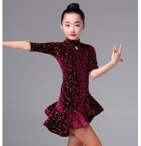 Girl's latin dress Wine black competition stage performance professional glitter ballroom salsa chacha rumba dance dresses