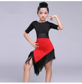 Girl's latin dresses kids children stage performance fringes patchwork red black competition gymnastics salsa dance dresses