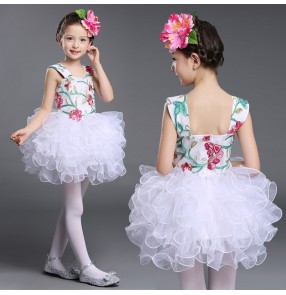 Girl's modern dance white green light pink flowers ball skirted girl's children kids school stage performance competition singers dancers dancing dresses