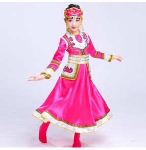 Girl's Mongolian folk dance dress blue red pink competition stage performance cosplay minority dance robes costumes