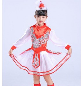 Girl's Mongolian folk dance dresses kids children red stage performance minority national Mongolia dancing robes