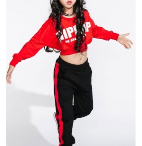 Girl's street dance black red children kids children hiphop modern dance jazz singers dancers performance competition costumes oufits