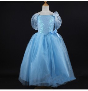 Girls ballet dance dress children kids stage performance competition tutu skirt modern dance long blue dresses costumes