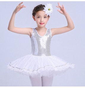 Girls ballet dance dress white paillette swan lake performance kids leotard tutu skirt ballet competition dress