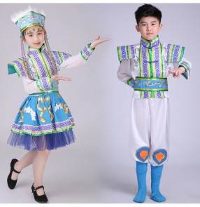 Girls children Mongolian folk dance costumes boy's kids children folk dancing stage performance party cosplay film dancing robes clothes outfits