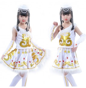 Girls Chinese folk dance costumes Mongolian white ethnic minority stage performance cosplay dresse