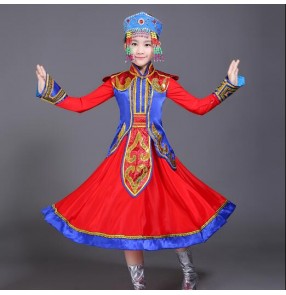 Girls Chinese folk dance costumes red Mongolian ethnic minority traditional performance photos cosplay dresses robes