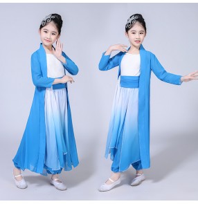 Girls Chinese folk dance dresses blue gradient kids ancient traditional china style photos drama cosplay fairy dance costumes