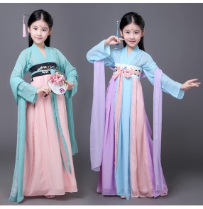 Girls Chinese National Dance Costume Child Fairy Han Folk Dance Clothing Kids Fan Dance Clothes Umbrella Dance Wear Yangko Stage Cosplay costumes dresses