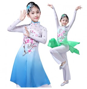 Girls Chinese traditional perform drum Gradient Children Fan  Yangko Classical Fairy Dance costumes Stage Performance Clothing