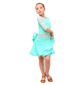 Girls competition latin dress for kids children mint black lace stage performance ballroom salsa dance dress