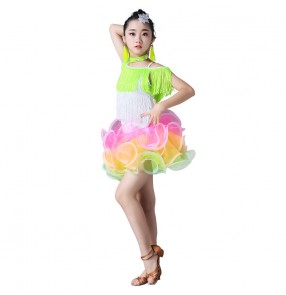 Girls competition latin dress kids children neon green pink white fringes performance ballrooms salsa dresses