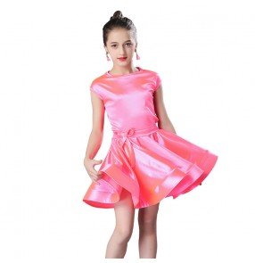 Girls competition latin dress performance stretchy satin dark green silver gold pink ballroom salsa rumba dance dress