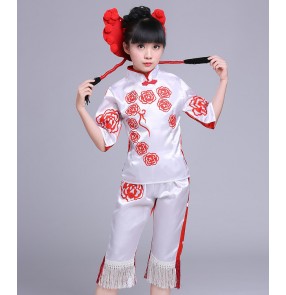 girls folk dance dresses White with red children kids stage performance Chinese yangko fan dancing traditional cosplay competition dancing dresses