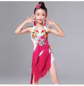 Girls fringes latin dress modern dance for kids children red competition stage performance salsa chacha rumba dancing outfits