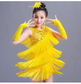 Girls fringes latin dresses paillette pink yellow blue stage performance competition salsa professional rumba chacha salsa dresses