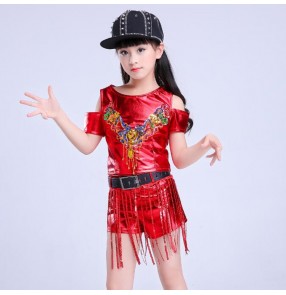Girls hiphop jazz dance outfits for kids gold silver red pink school competition cheer leaders hiphop modern dance costumes 