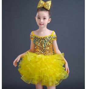 Girls jazz dance dress for kids children princess flower girls pink gold blue green school competition performance modern dance dresses