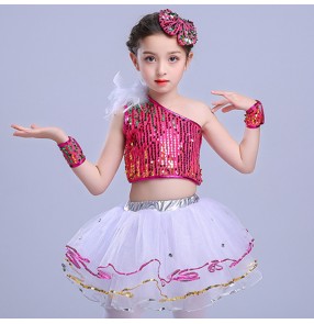 Girls jazz dance dress fuchsia blue paillette modern dance hiphop street dancing performance flower girls princess dance costumes