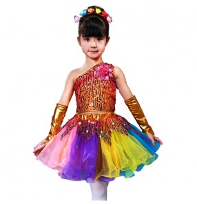 Girls jazz dance dresses for kids children rainbow sequined princess modern dance chorus stage performance competition outfits