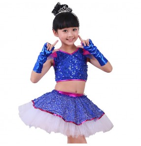 Girls jazz dance dresses sequined kids children pink blue modern dance stage performance competition singers dancer dance outfits
