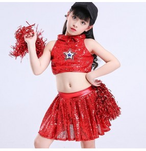 Girls jazz hiphop dance dresses cheerleaders performance costumes silver red jazz singers dancers chorus competition outfits