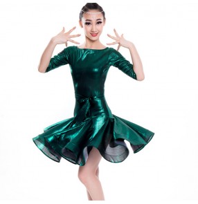 Girls latin dance dress competition dark green fuchsia blue shiny glitter ballroom salsa chacha performance dresses