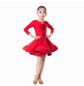 Girls latin dance dresses for kids children green red blue white stage performance competition ballroom salsa chacha dance dresses
