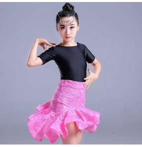 Girls latin dance dresses for kids children pink red dark green lace stage performance salsa rumba chacha  ballroom dancing tops and skirts