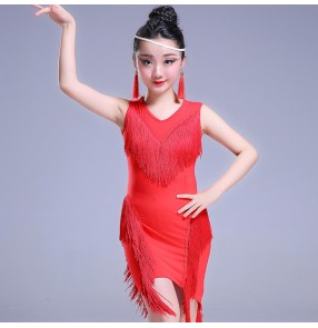 Girls latin dance dresses kids children black red fringes competition salsa rumba chacha dance dresses