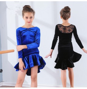 Girls latin dance dresses long sleeves velvet Children kids competition stage performance ballroom latin salsa rumba dance dresses