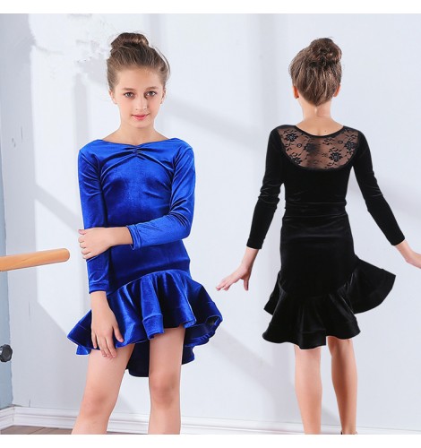 Velvet Long Sleeves Latin Dance Dress For Children Girls Competition  Ballroom Kids Tango Salsa Dancewear Practice Wear Cha Cha