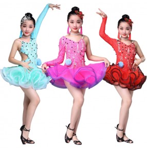 Girls latin dance dresses mint pink red competition stage performance ballroom salsa chacha rumba dance dresses
