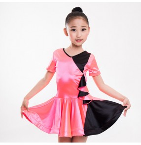 Girls latin dance dresses stretchable satin light pink competition stage performance salsa chacha rumba dance dresses