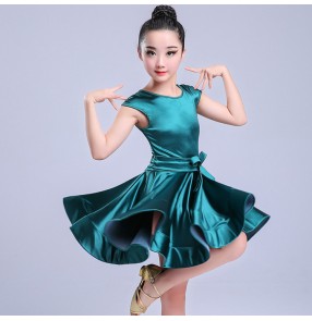 Girls latin dance dresses stretchable satin white dark green royal blue competition stage performance ballroom chacha dance dresses