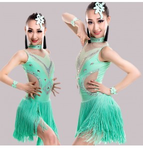 Girls latin dress competition stage kids children mint pink black performance fringes ballroom salsa chacha latin dance dresses