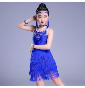 Girls latin dress for children red black royal blue white competition performance salsa chacha rumba dance dresses
