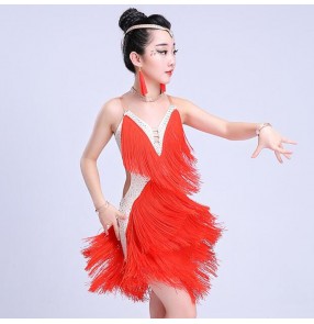 Girls latin dress for kids children fringes red pink blue white competition diamond salsa rumba chacha performance dance dresses