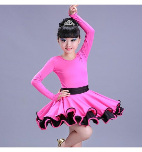 Girls latin dress for kids children pink black red stage performance ...