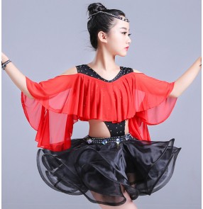 Girls latin dress for kids children red black competition stage performance salsa chacha rumba dance dresses