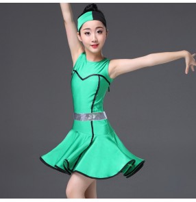 Girls latin dresses children kids green competition salsa chacha rumba stage performance ballroom dresses