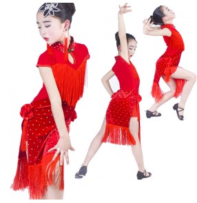 Girls latin dresses for competition red velvet fringes diamond stage performance salsa rumba chacha latin dress