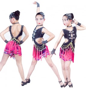 Girls latin dresses for kids children fuchsia black tassels stage performance competition salsa chacha rumba outfits