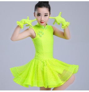 Girls latin dresses for kids children neon green black white stage performance competition ballroom salsa chacha rumba dance dresses