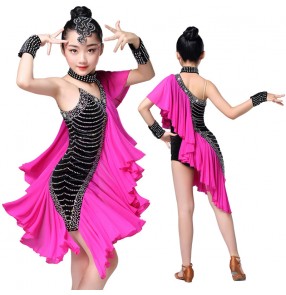Girls latin dresses for kids children pink black stage performance rhinestones competition chacha salsa dresses outfits