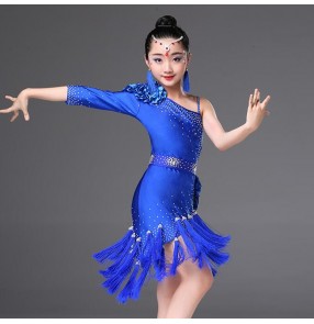 Girls latin dresses for kids children red black white blue fringes stage performance competition diamond salsa chacha rumba dance dresses
