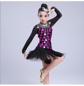 Girls latin dresses gold fuchsia sequined modern dance singers dancers performance competition fringes salsa chacha rumba dresses