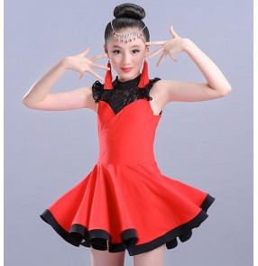 Girls latin dresses kids children red orange light pink black lace competition gymnastics performance latin ballroom dance dresses